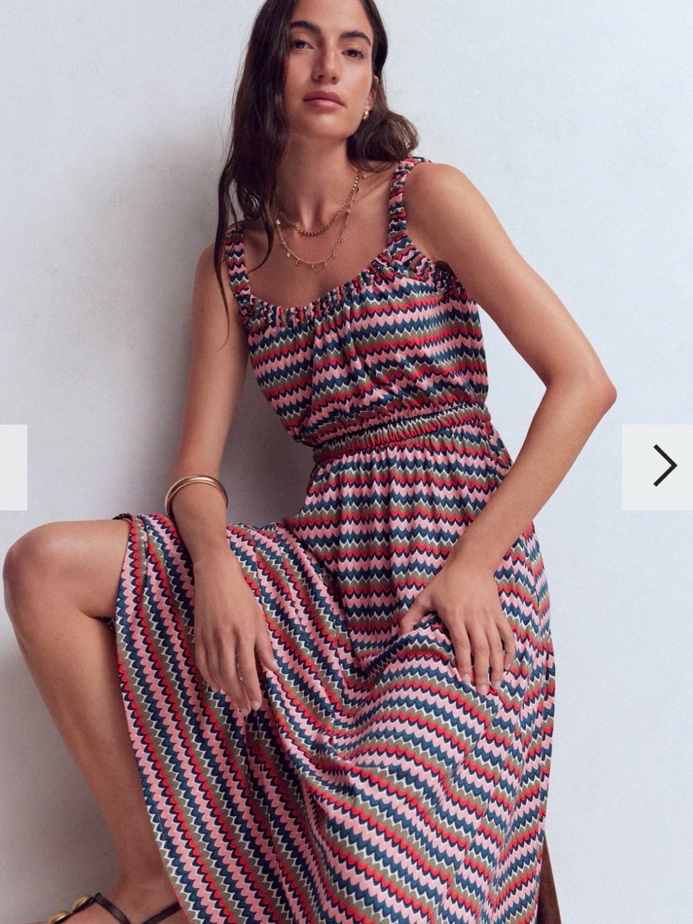 Boden Zigzag-Print Smocked Midi Dress in Pink, Blue & Cream